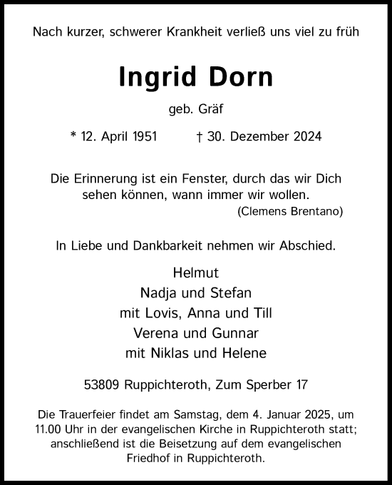 Anzeige von Ingrid Dorn von Kölner Stadt-Anzeiger / Kölnische Rundschau / Express