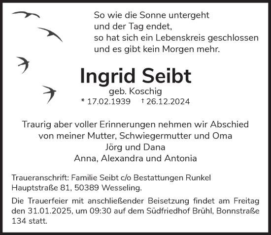Anzeige von Ingrid Seibt von  Schlossbote/Werbekurier 
