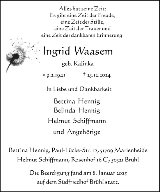Anzeige von Ingrid Waasem von  Schlossbote/Werbekurier 
