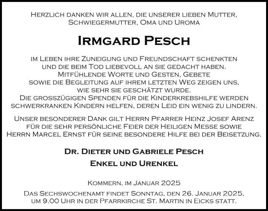 Anzeige von Irmgard Pesch von  Blickpunkt Euskirchen 