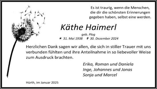 Anzeige von Käthe Haimerl von  Wochenende 