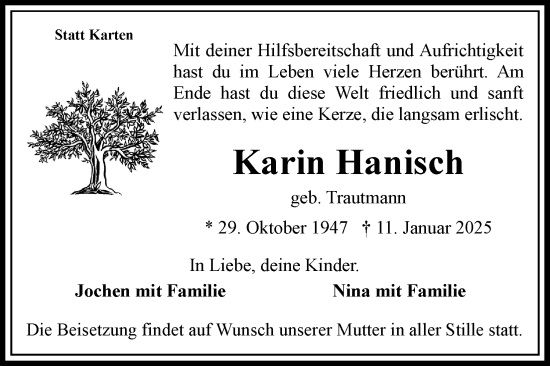 Anzeige von Karin Hanisch von Kölner Stadt-Anzeiger / Kölnische Rundschau / Express