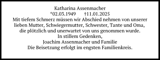 Anzeige von Katharina Assenmacher von Kölner Stadt-Anzeiger / Kölnische Rundschau / Express