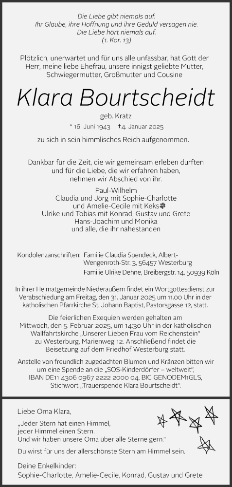 Anzeige von Klara Bourtscheidt von Kölner Stadt-Anzeiger / Kölnische Rundschau / Express