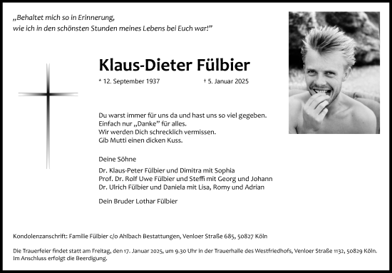 Anzeige von Klaus-Dieter Fülbier von Kölner Stadt-Anzeiger / Kölnische Rundschau / Express