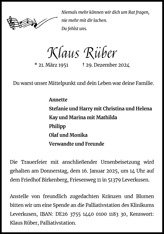 Anzeige von Klaus Rüber von Kölner Stadt-Anzeiger / Kölnische Rundschau / Express