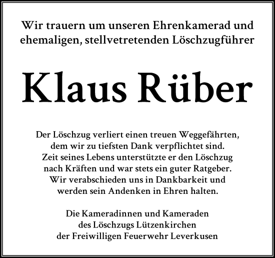 Anzeige von Klaus Rüber von Kölner Stadt-Anzeiger / Kölnische Rundschau / Express
