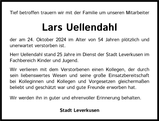 Anzeige von Lars Uellendahl von Kölner Stadt-Anzeiger / Kölnische Rundschau / Express