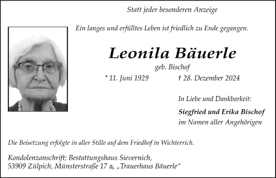 Anzeige von Leonila Bäuerle von  Blickpunkt Euskirchen 