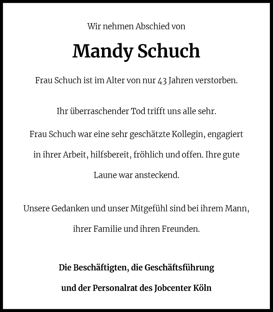  Traueranzeige für Mandy Schuch vom 10.01.2025 aus Kölner Stadt-Anzeiger / Kölnische Rundschau / Express