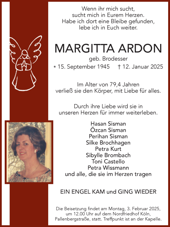 Anzeige von Margitta Ardon von Kölner Stadt-Anzeiger / Kölnische Rundschau / Express