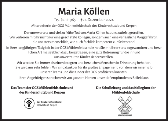 Anzeige von Maria Köllen von  Werbepost 