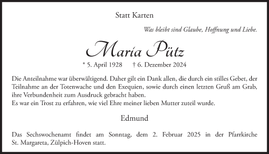 Anzeige von Maria Pütz von  Blickpunkt Euskirchen 