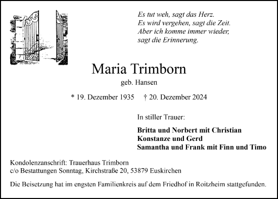 Anzeige von Maria Trimborn von  Blickpunkt Euskirchen 
