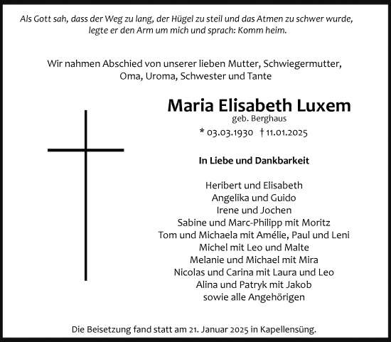 Anzeige von Maria Elisabeth Luxem von Kölner Stadt-Anzeiger / Kölnische Rundschau / Express