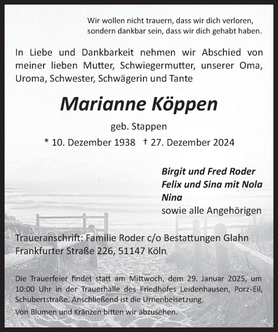 Anzeige von Marianne Köppen von  EXPRESS - Die Woche 