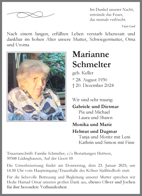 Anzeige von Marianne Schmelter von Kölner Stadt-Anzeiger / Kölnische Rundschau / Express