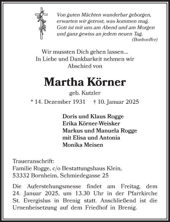 Anzeige von Martha Körner von  Schaufenster/Blickpunkt 