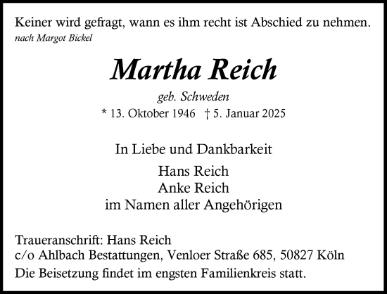 Anzeige von Martha Reich von Kölner Stadt-Anzeiger / Kölnische Rundschau / Express