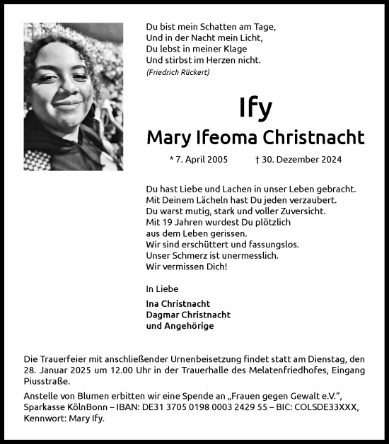 Anzeige von Mary Ifeoma Christnacht von Kölner Stadt-Anzeiger / Kölnische Rundschau / Express