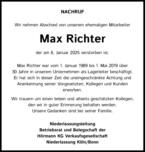 Anzeige von Max Richter von Kölner Stadt-Anzeiger / Kölnische Rundschau / Express