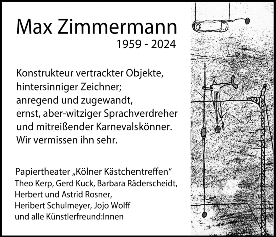 Anzeige von Max Zimmermann von Kölner Stadt-Anzeiger / Kölnische Rundschau / Express