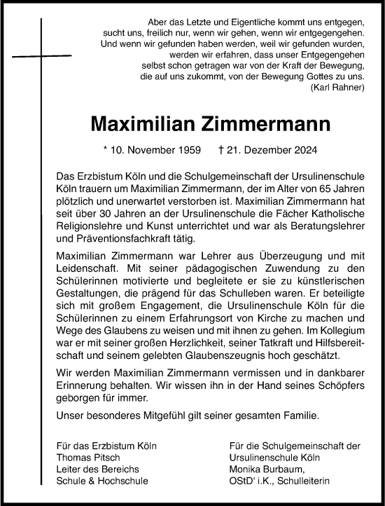 Anzeige von Maximilian Zimmermann von Kölner Stadt-Anzeiger / Kölnische Rundschau / Express