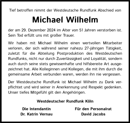 Anzeige von Michael Wilhelm von Kölner Stadt-Anzeiger / Kölnische Rundschau / Express