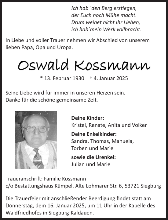 Anzeige von Oswald Kossmann von  Extra Blatt 