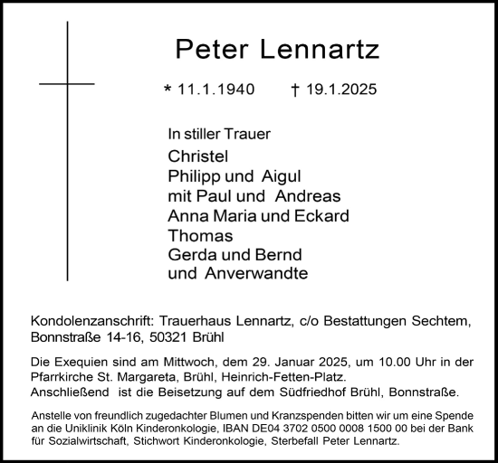 Anzeige von Peter Lennartz von  Schlossbote/Werbekurier 