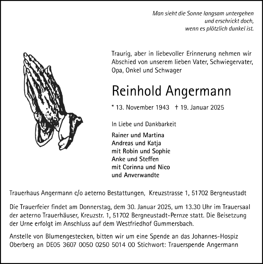  Traueranzeige für Reinhold Angermann vom 24.01.2025 aus  Anzeigen Echo 