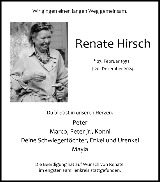Anzeige von Renate Hirsch von Kölner Stadt-Anzeiger / Kölnische Rundschau / Express