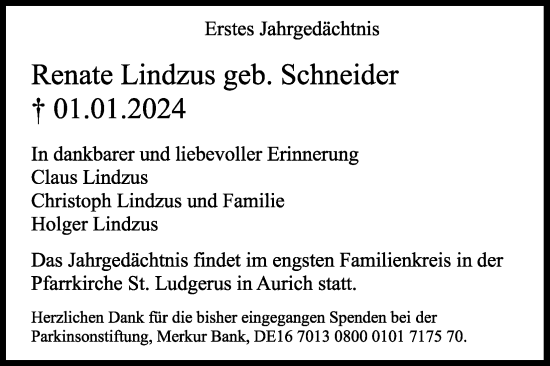 Anzeige von Renate Lindszus von Kölner Stadt-Anzeiger / Kölnische Rundschau / Express