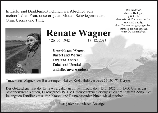 Anzeige von Renate Wagner von  Werbepost 