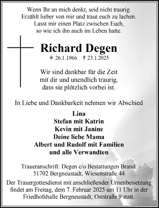 Anzeige von Richard Degen von  Anzeigen Echo 
