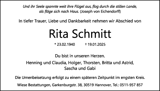 Anzeige von Rita Schmitt von Kölner Stadt-Anzeiger / Kölnische Rundschau / Express