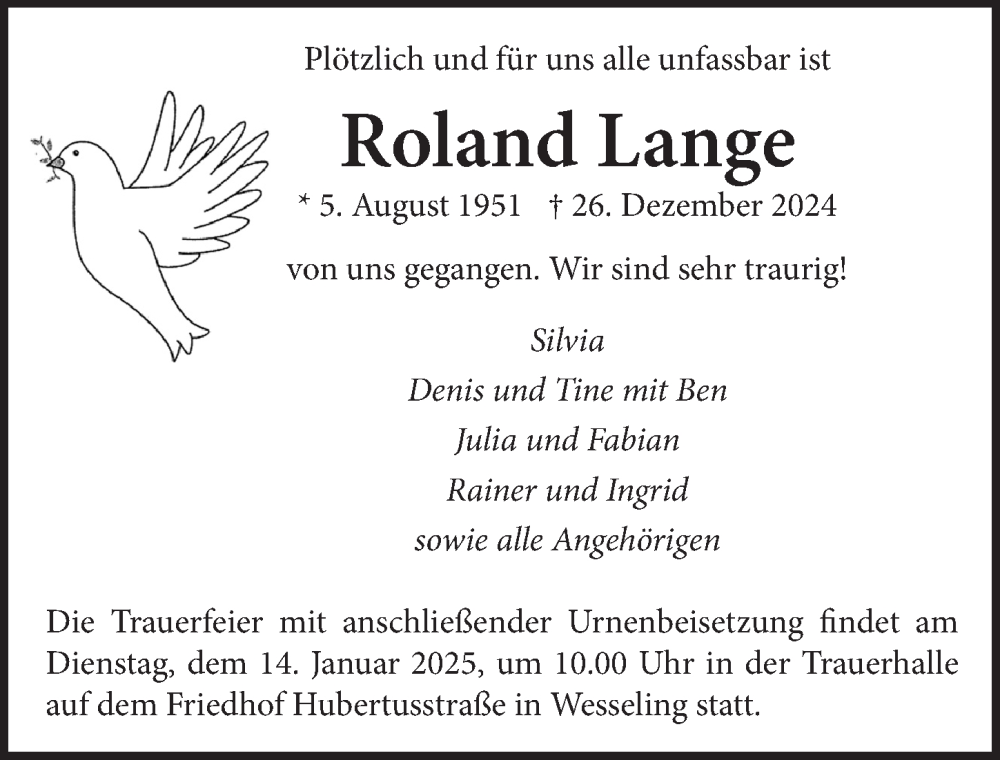  Traueranzeige für Roland Lange vom 10.01.2025 aus  Schlossbote/Werbekurier 