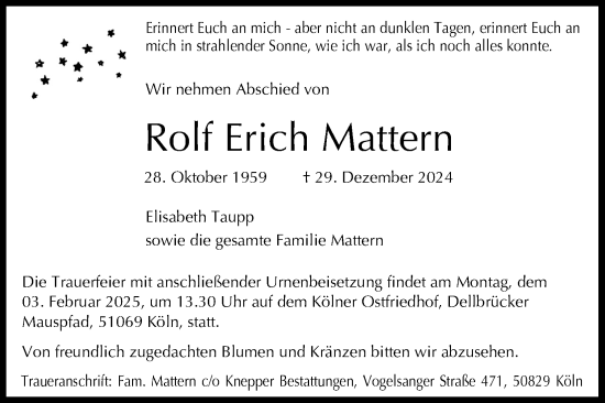 Anzeige von Rolf Erich Mattern von Kölner Stadt-Anzeiger / Kölnische Rundschau / Express