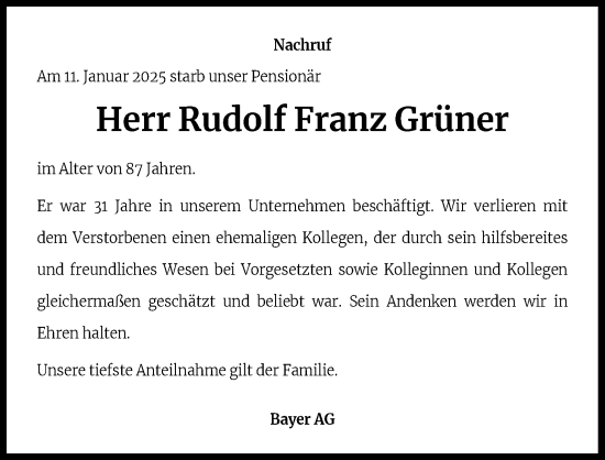 Anzeige von Rudolf Franz Grüner von Kölner Stadt-Anzeiger / Kölnische Rundschau / Express