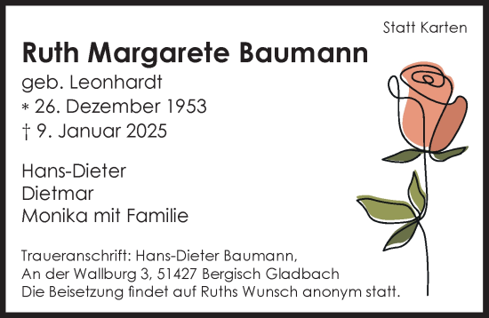 Anzeige von Ruth Margarete Baumann von  Bergisches Handelsblatt 