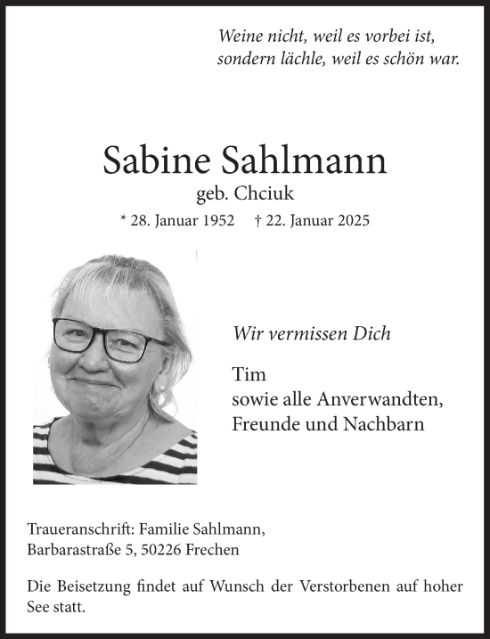 Anzeige von Sabine Sahlmann von  Wochenende 