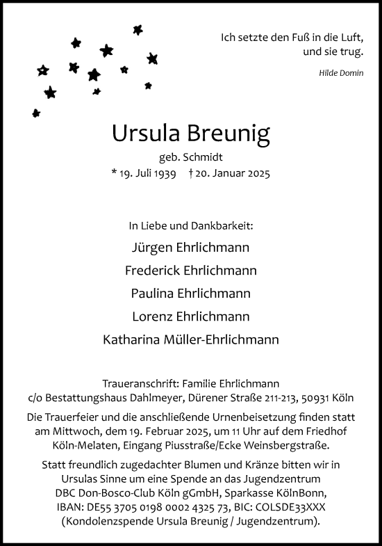 Anzeige von Ursula Breunig von Kölner Stadt-Anzeiger / Kölnische Rundschau / Express