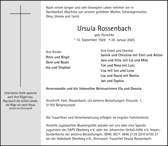 Anzeige von Ursula Rossenbach von Kölner Stadt-Anzeiger / Kölnische Rundschau / Express