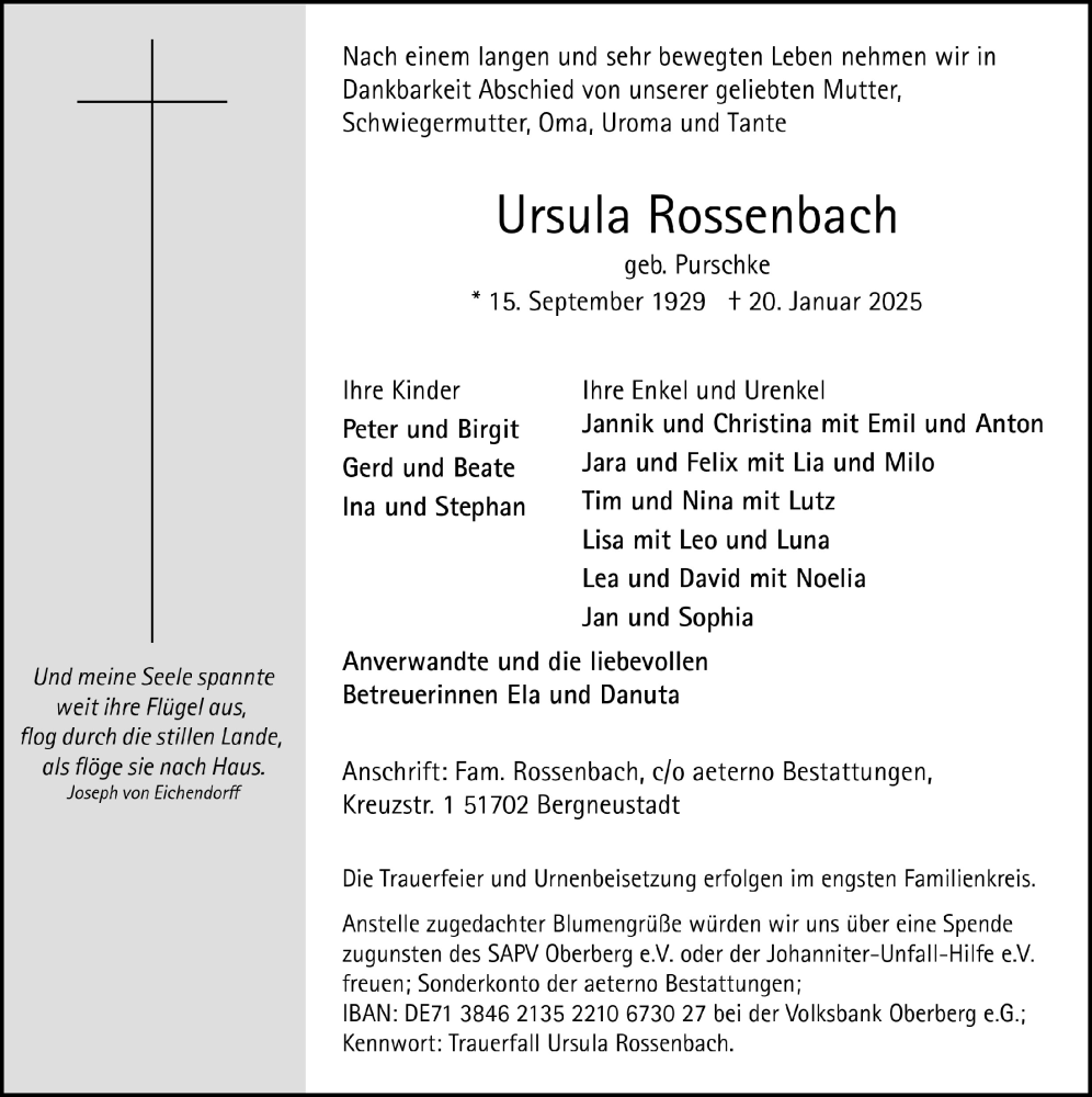  Traueranzeige für Ursula Rossenbach vom 24.01.2025 aus  Anzeigen Echo 