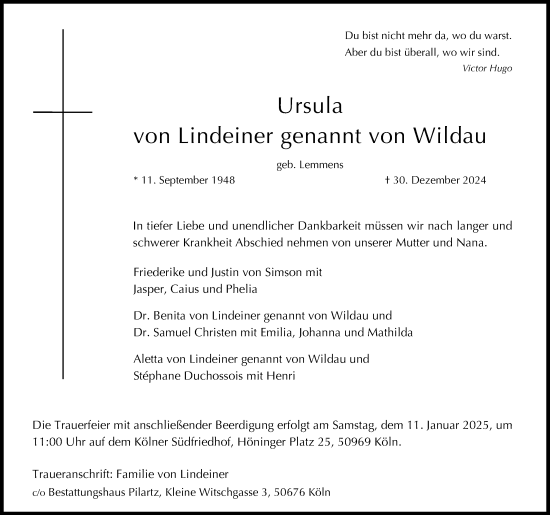 Anzeige von Ursula von Lindeiner genannt von Wildau von Kölner Stadt-Anzeiger / Kölnische Rundschau / Express