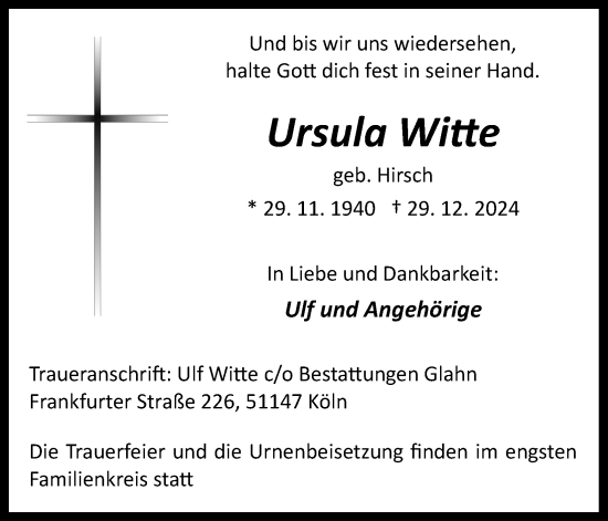 Anzeige von Ursula Wiene von Kölner Stadt-Anzeiger / Kölnische Rundschau / Express