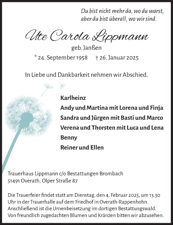 Anzeige von Ute Carola Lippmann von  Bergisches Handelsblatt 