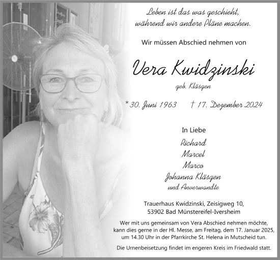 Anzeige von Vera Kwidzinski von  Blickpunkt Euskirchen 