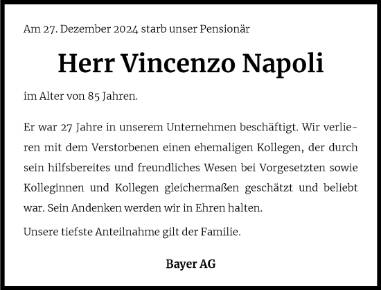Anzeige von Vincenzo Napoli von Kölner Stadt-Anzeiger / Kölnische Rundschau / Express