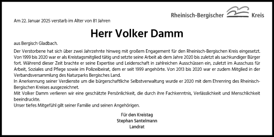 Anzeige von Volker Damm von Kölner Stadt-Anzeiger / Kölnische Rundschau / Express